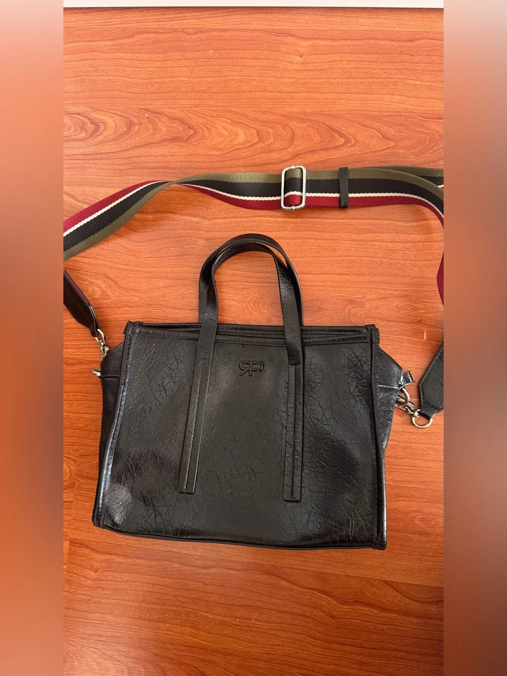Black Leather Tote with Striped Adjustable Strap